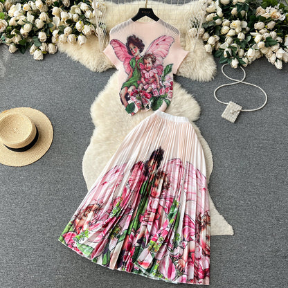 Printed Top&Pleated Skirt 2Pcs