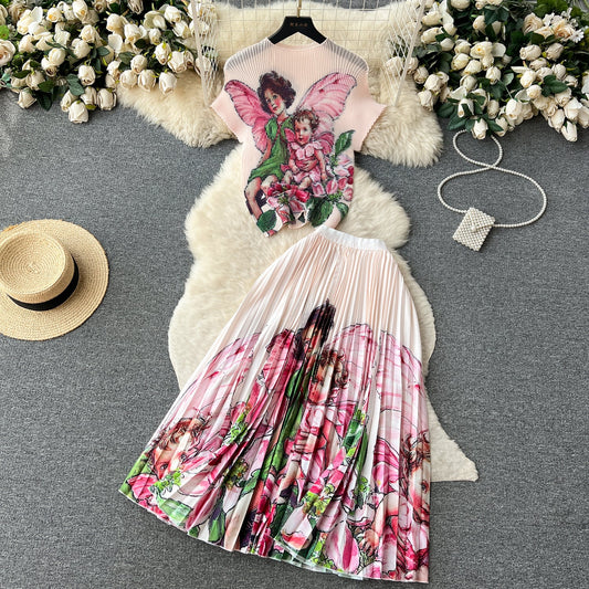 Printed Top&Pleated Skirt 2Pcs