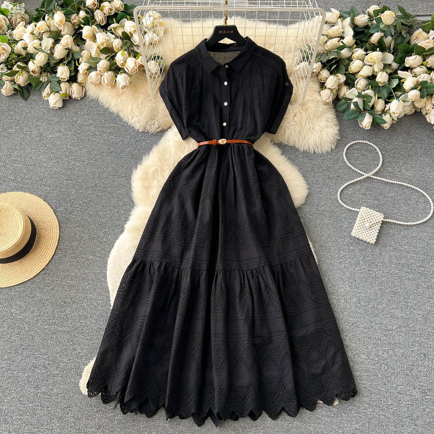 Niche Hollowed Patchwork Shirt Dress