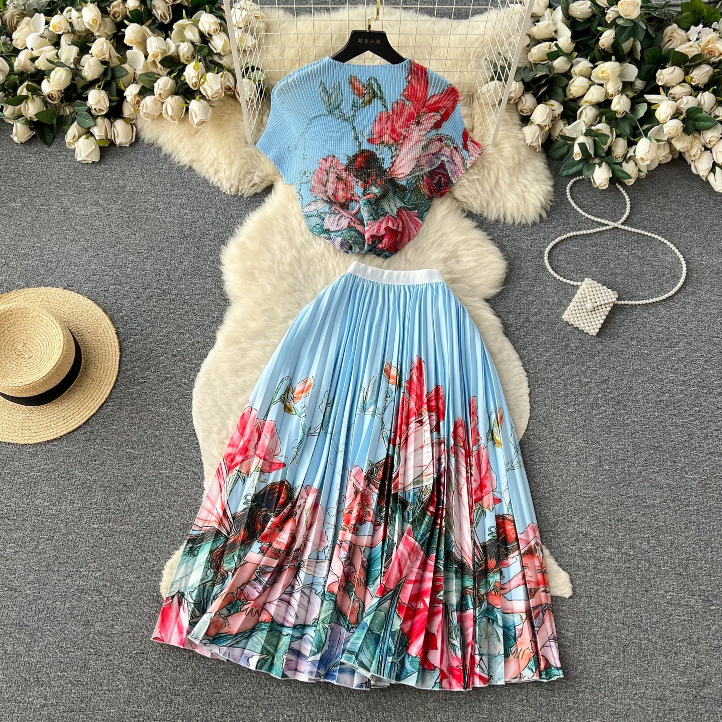 Printed Top&Pleated Skirt 2Pcs