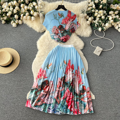 Printed Top&Pleated Skirt 2Pcs