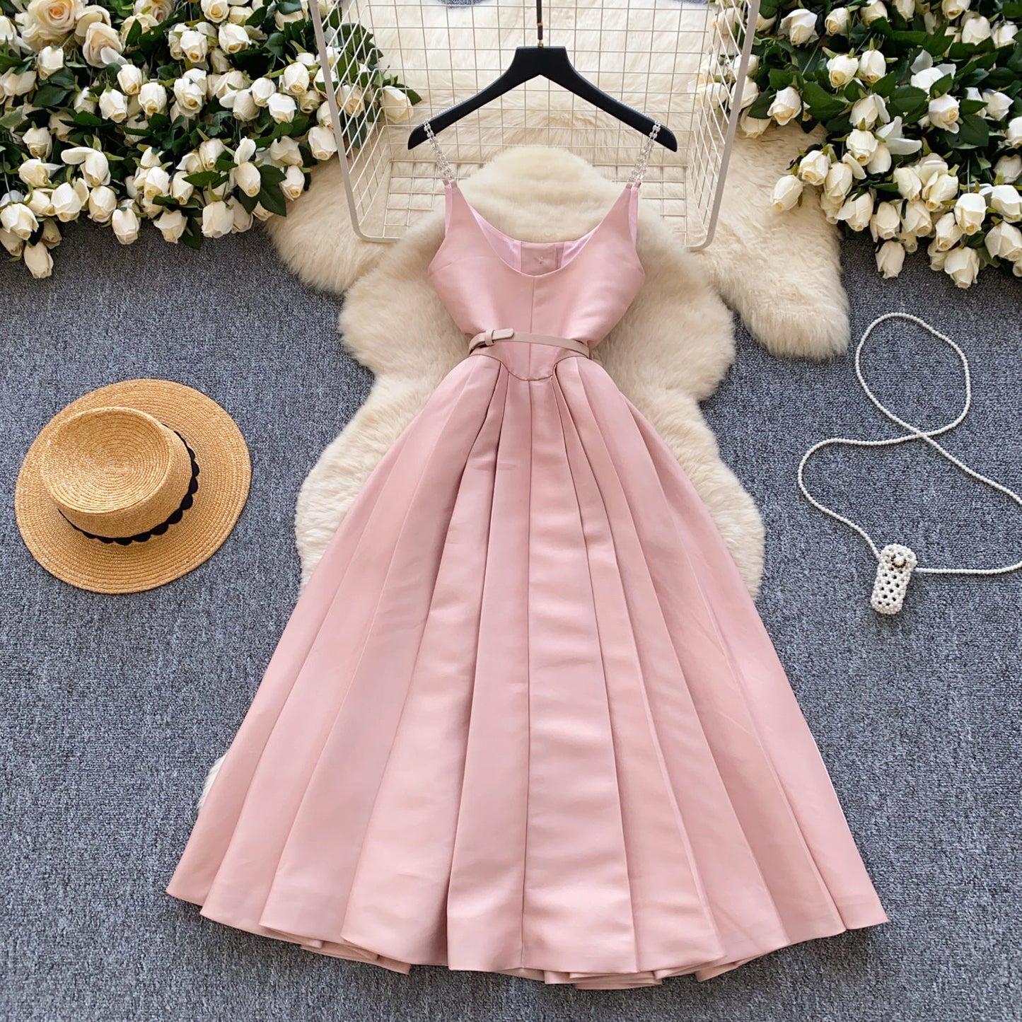 Elegant Pleated Slip Dress with Waist Belt