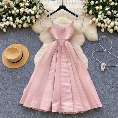 Elegant Pleated Slip Dress with Waist Belt