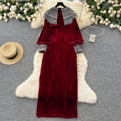 Bead-Adorned Suede Maxi Dress
