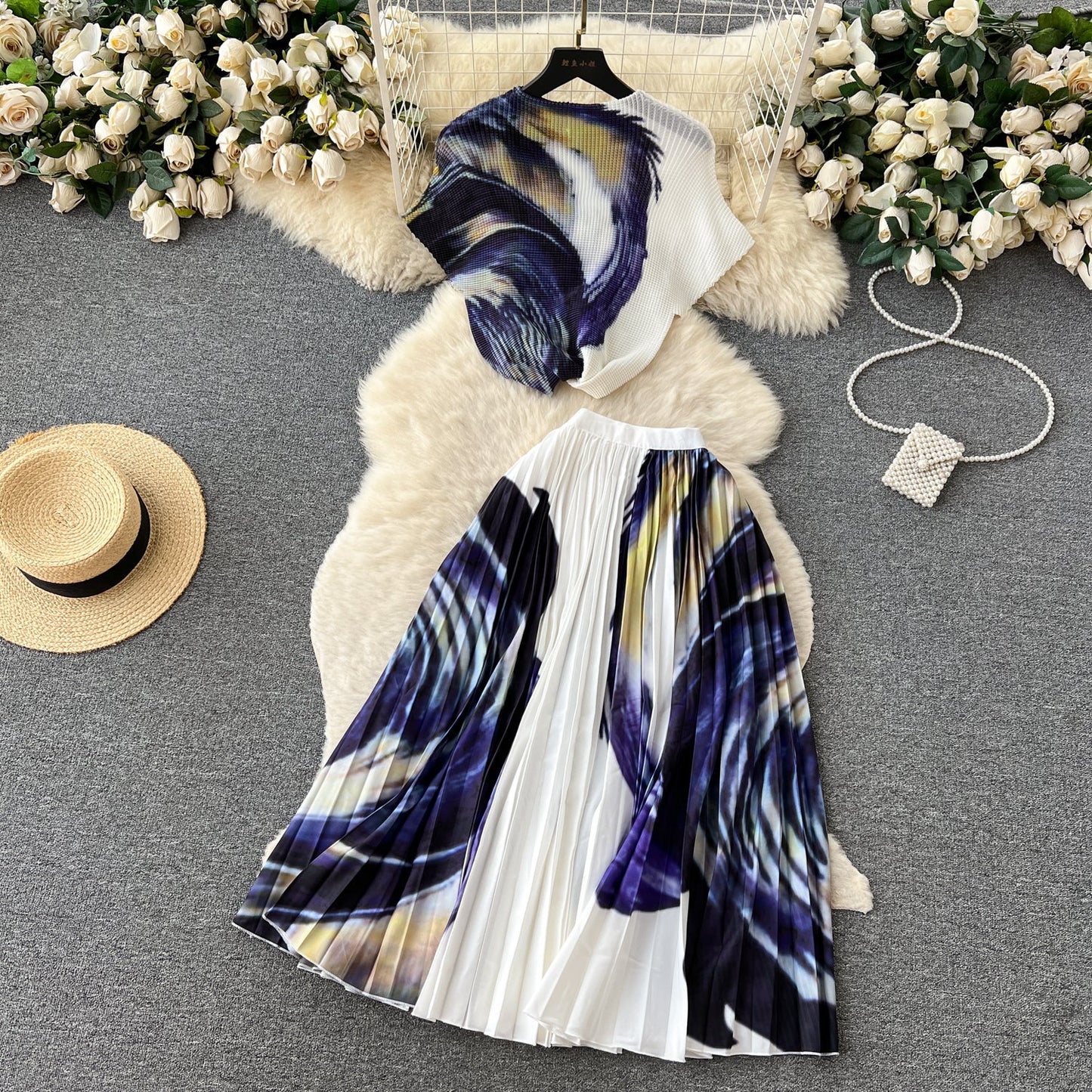 Printed Top&Pleated Skirt 2Pcs
