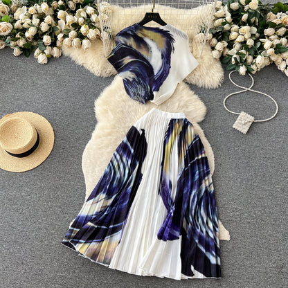 Printed Top&Pleated Skirt 2Pcs
