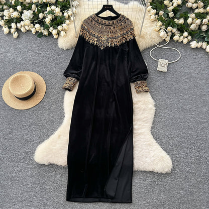 Bead-Adorned Suede Maxi Dress