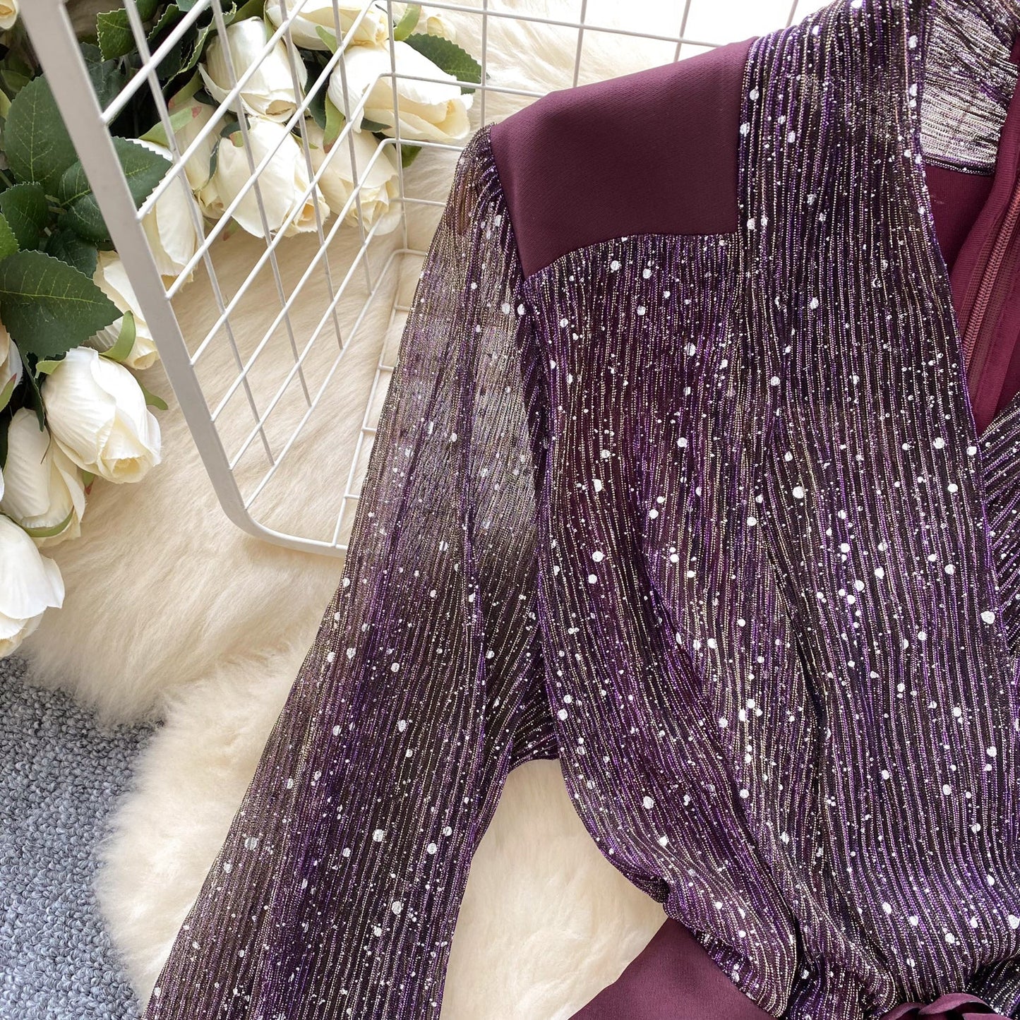 Sequined Mesh Patchwork Satin Dress