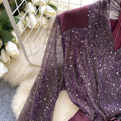 Sequined Mesh Patchwork Satin Dress