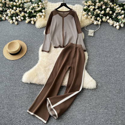 Striped V-Neck Knit Set – Sweater & Trousers
