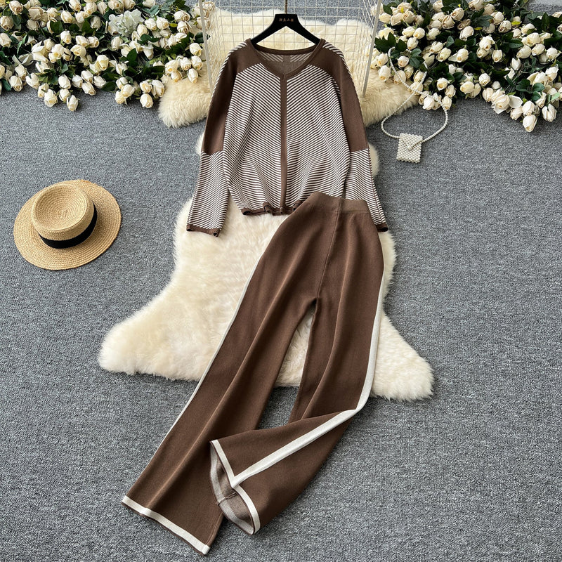 Striped V-Neck Knit Set – Sweater & Trousers