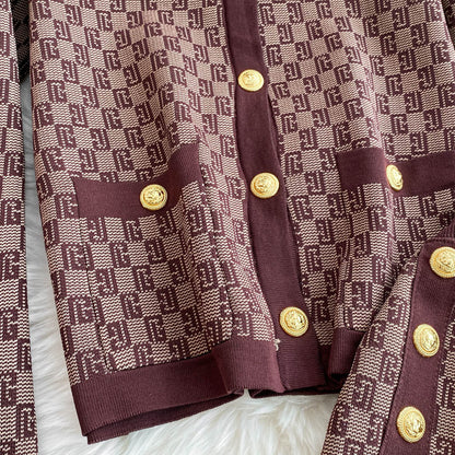 Plaid Cardigan&Wide-leg Trousers 2Pcs