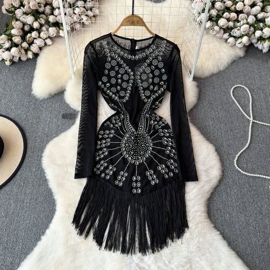 Sequin Fringe Black Cocktail Dress