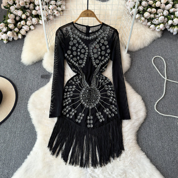 Sequin Fringe Black Cocktail Dress