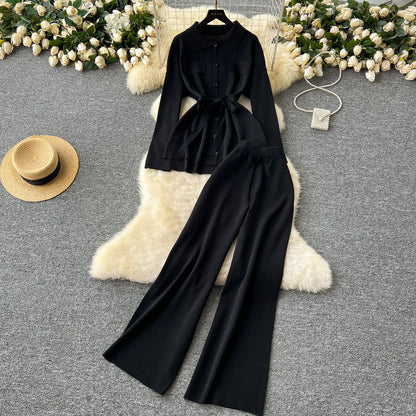 Tie Front Lounge Set Cozy Cardigan & Wide Leg Trousers