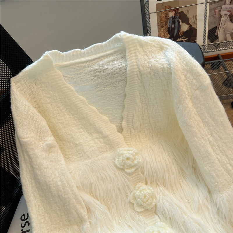 3D Flower Mink Patchwork Cardigan