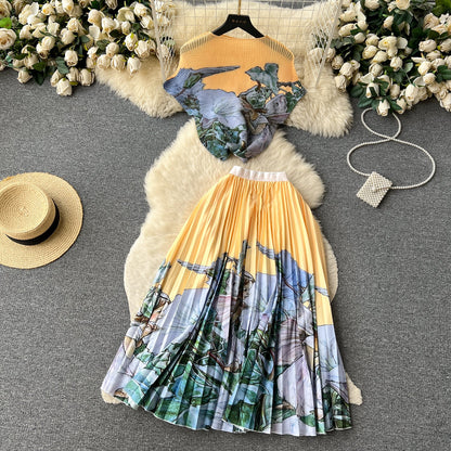 Printed Top&Pleated Skirt 2Pcs