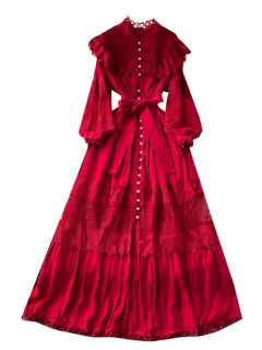 Vintage Lace Patchwork Single-breasted Dress