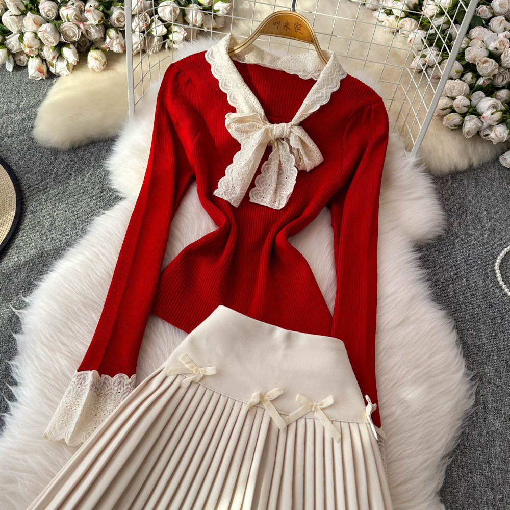 Lace Bow-tie Knitwear&Skirt Elegant 2Pcs