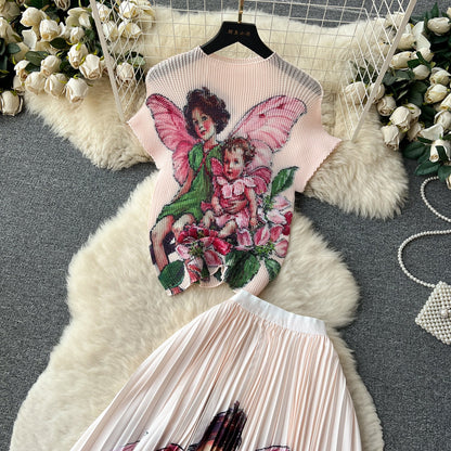 Printed Top&Pleated Skirt 2Pcs