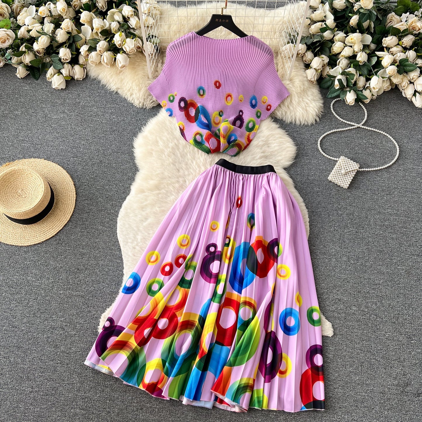 Printed Top&Pleated Skirt 2Pcs