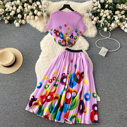 Printed Top&Pleated Skirt 2Pcs
