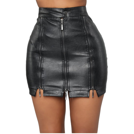 Zip-Wrap Leather Mini Skirt