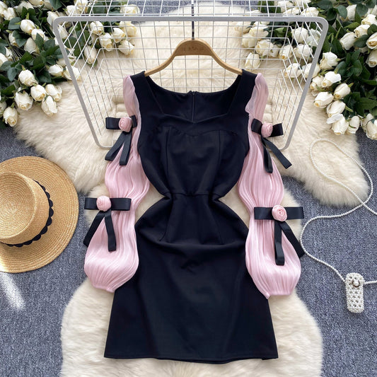 Square Neckline Pink Sleeve Black Dress