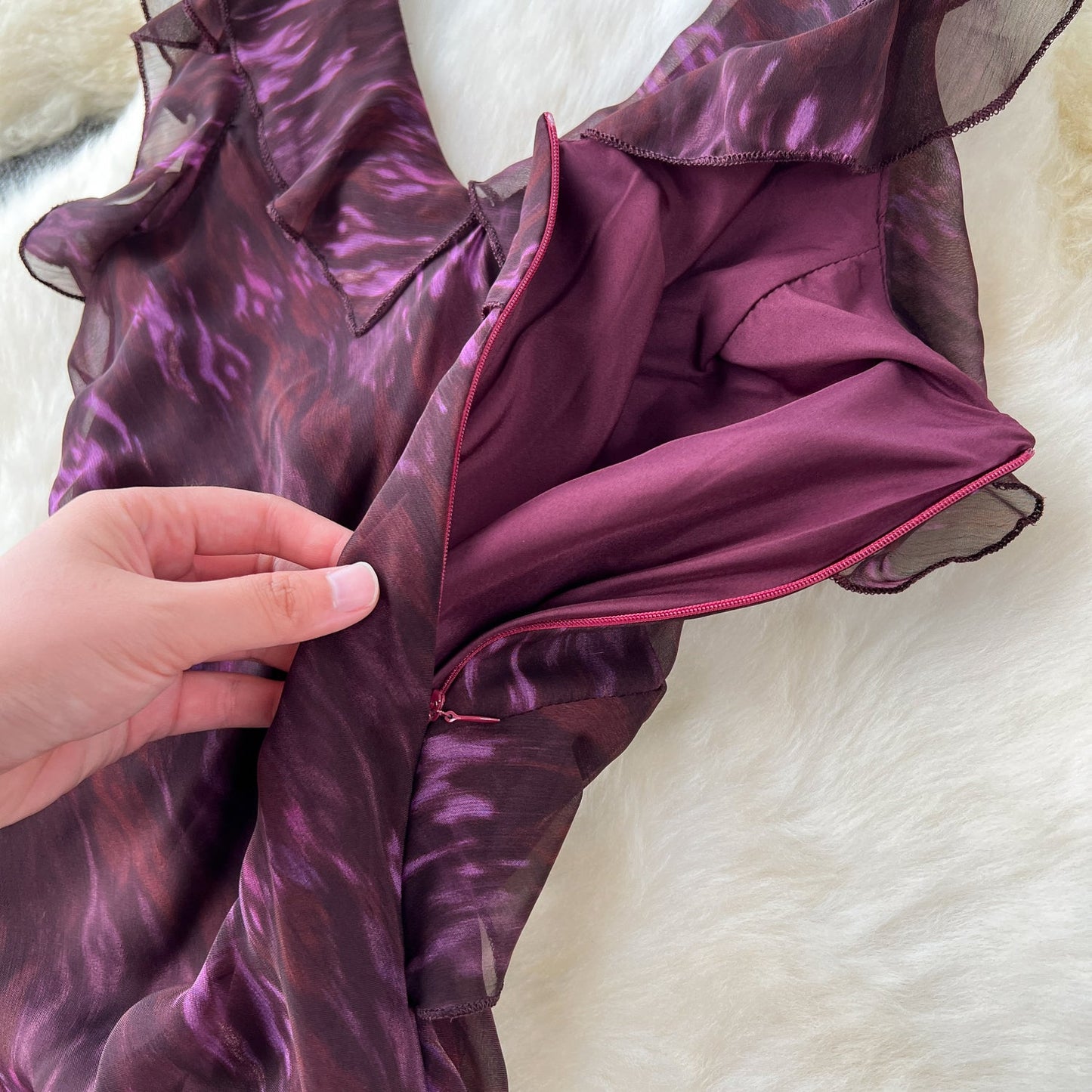 Purple V-neck Ruffled Evening Gown