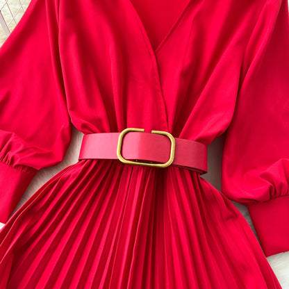 Lapeled Pleat Shirt Dress with Belt