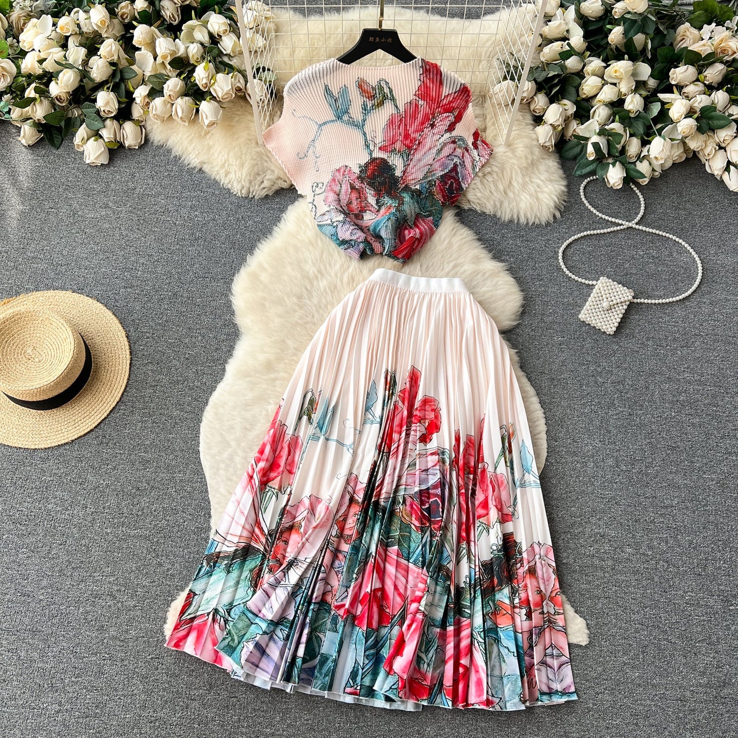 Printed Top&Pleated Skirt 2Pcs