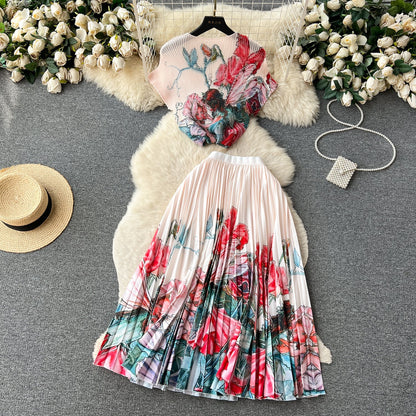 Printed Top&Pleated Skirt 2Pcs