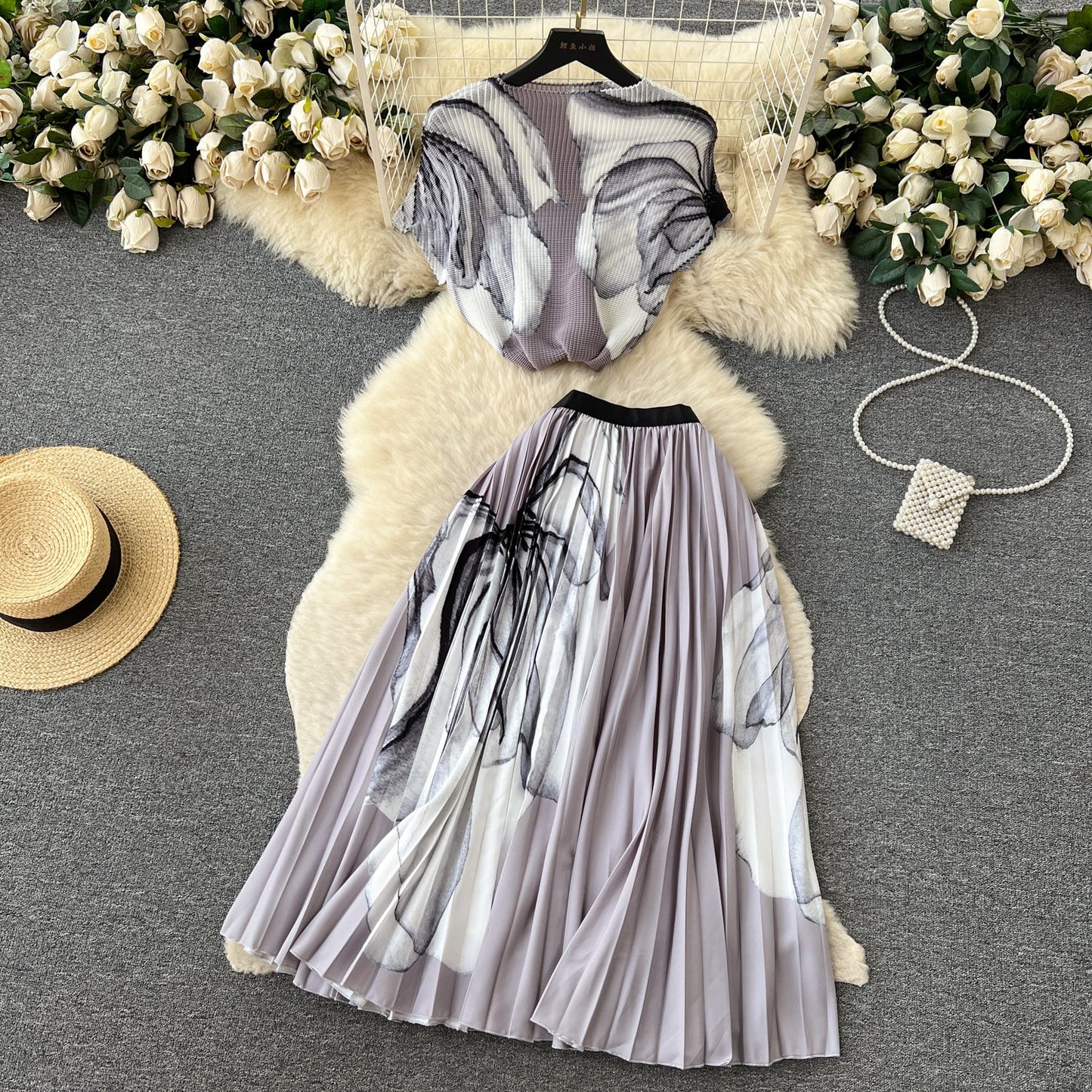 Printed Top&Pleated Skirt 2Pcs