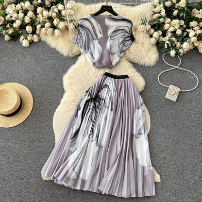 Printed Top&Pleated Skirt 2Pcs