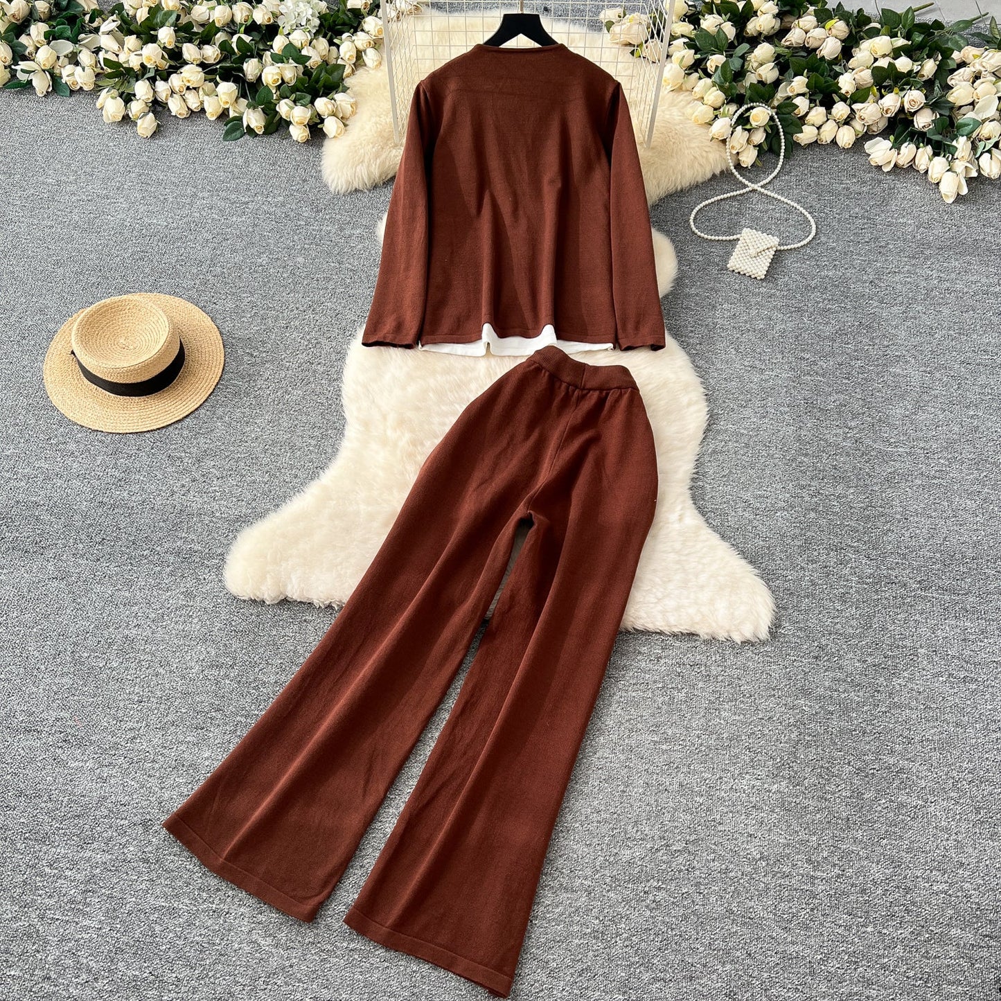 Faux Two-pieces Cardigan & Trousers 2Pcs