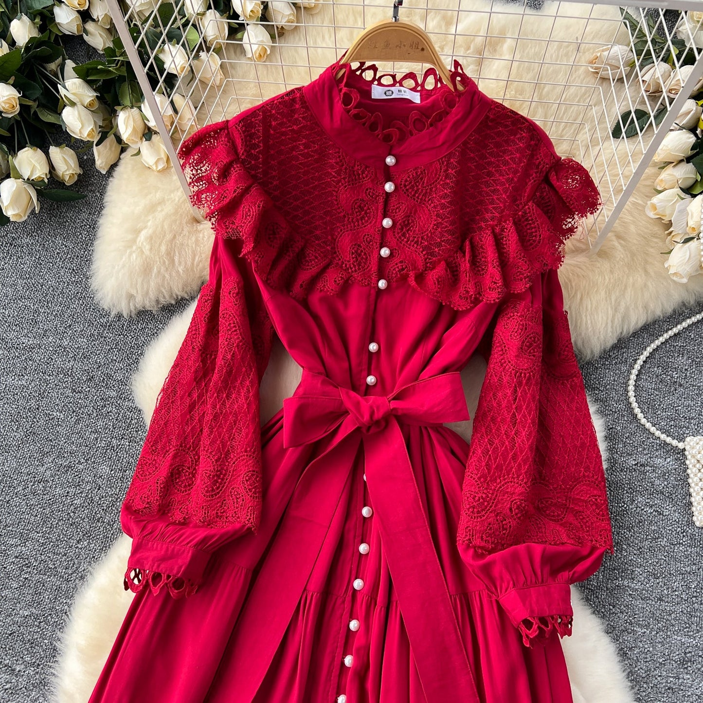 Vintage Lace Patchwork Single-breasted Dress