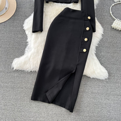 Black Blazer and Skirt Set Office Wear