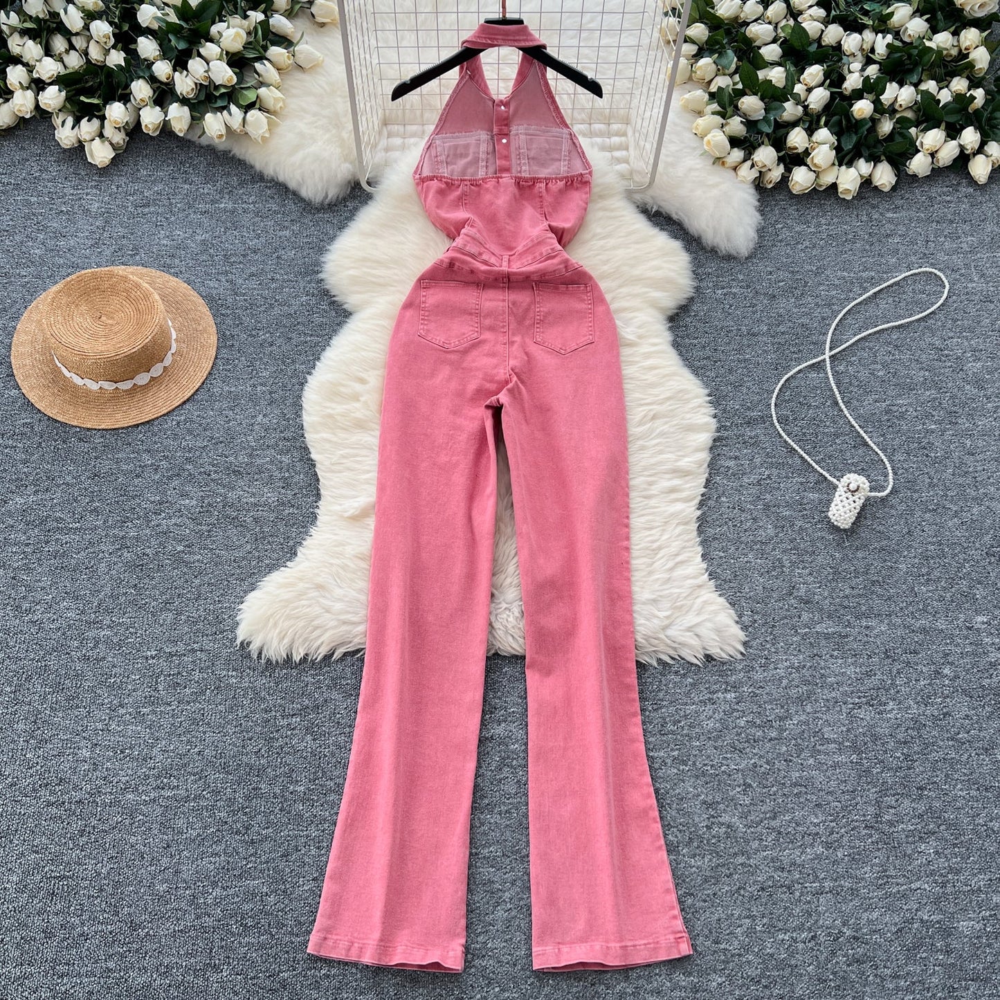Backless Halter Denim Jumpsuit