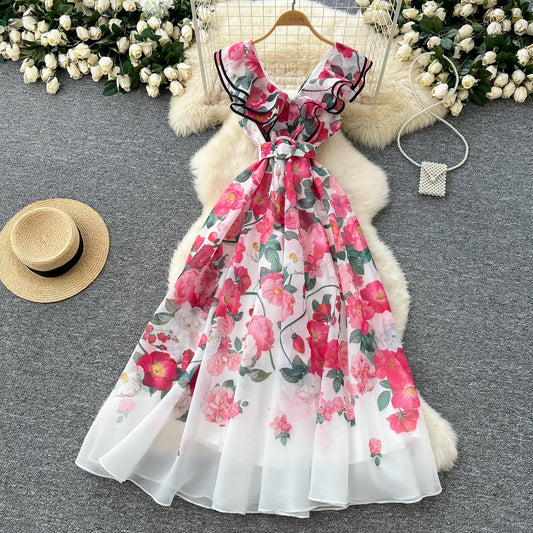 Blossom Cascade V-Neck Ruffles Dress