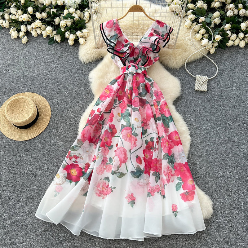 Blossom Cascade V-Neck Ruffles Dress