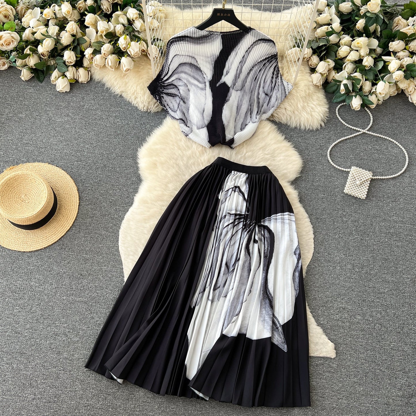 Printed Top&Pleated Skirt 2Pcs