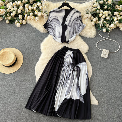 Printed Top&Pleated Skirt 2Pcs