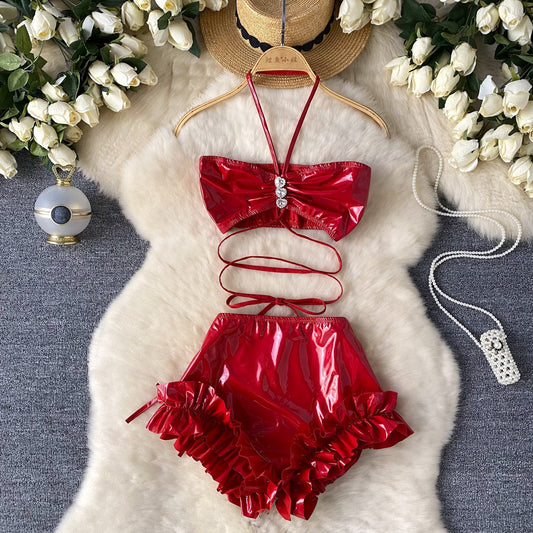 Halter Top&Ruffled Shorts PU 2Pcs