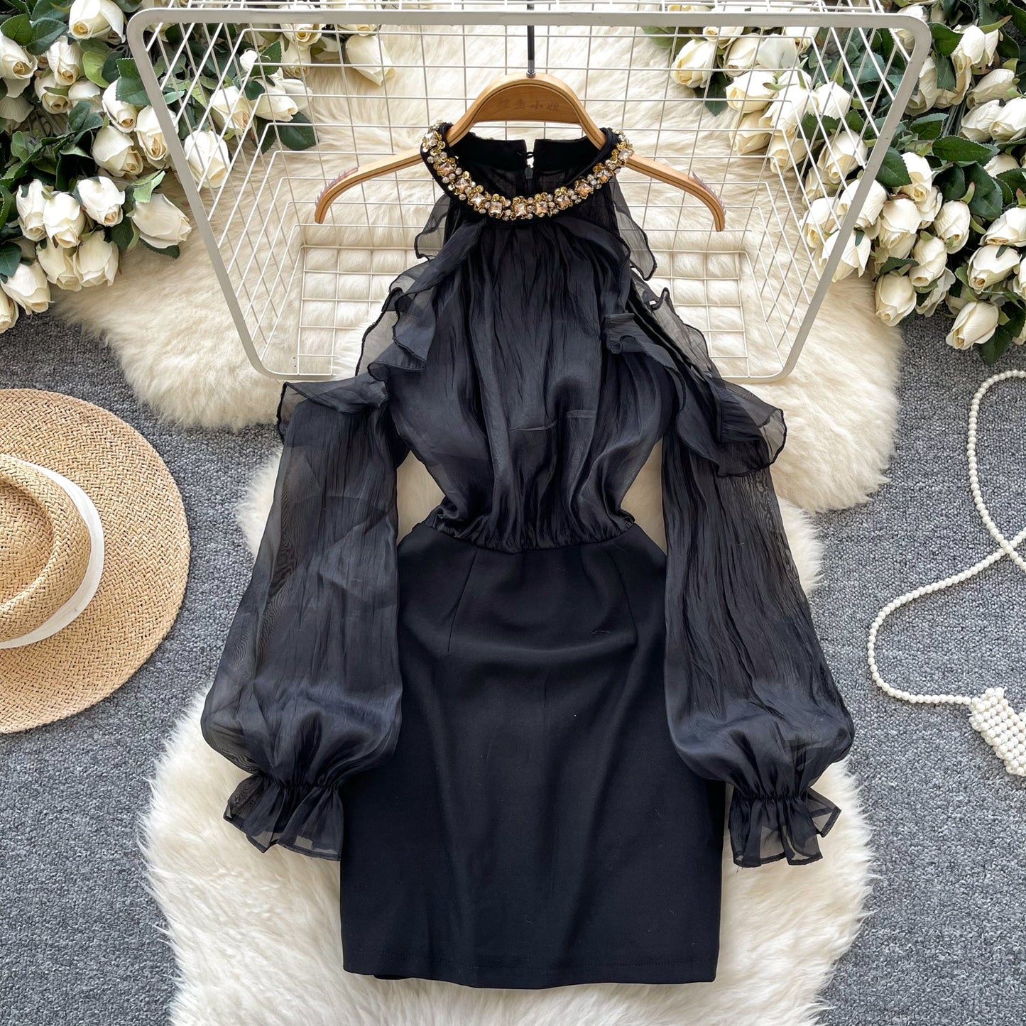 Parisian Black Beaded V-Neck Dress