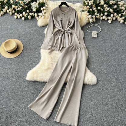 Tie Front Lounge Set Cozy Cardigan & Wide Leg Trousers