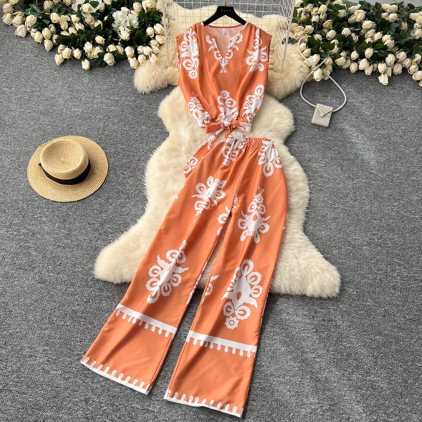 Printed Sleeveless Top & Wide Leg Pants Set