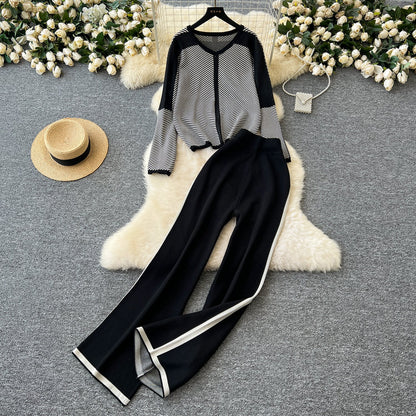 Striped V-Neck Knit Set – Sweater & Trousers