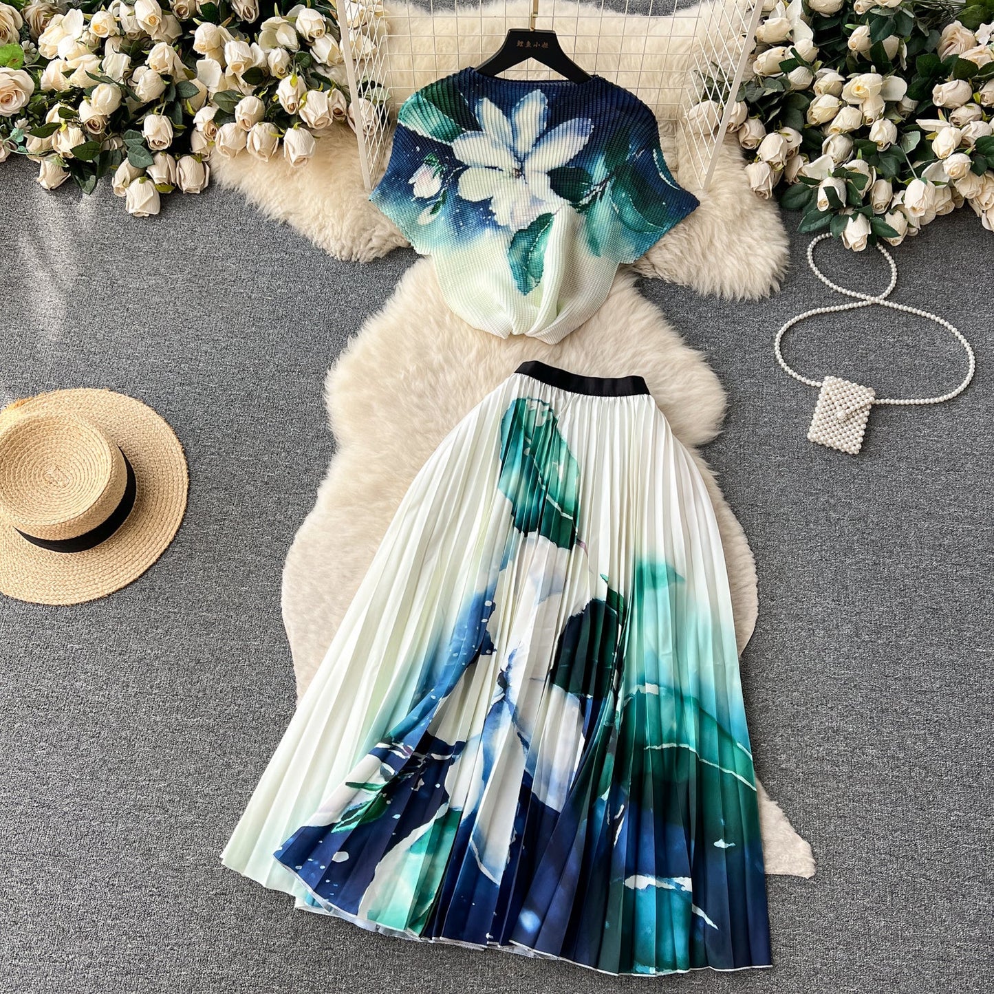 Printed Top&Pleated Skirt 2Pcs