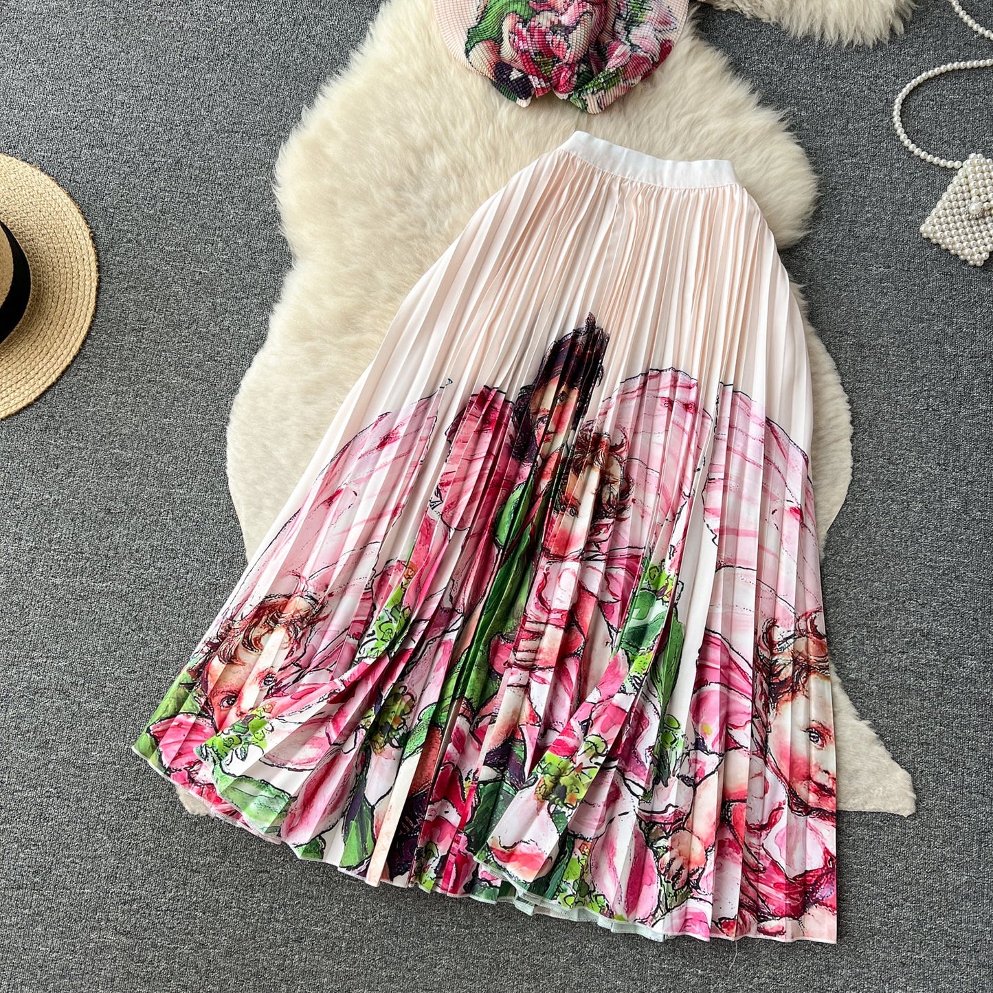 Printed Top&Pleated Skirt 2Pcs