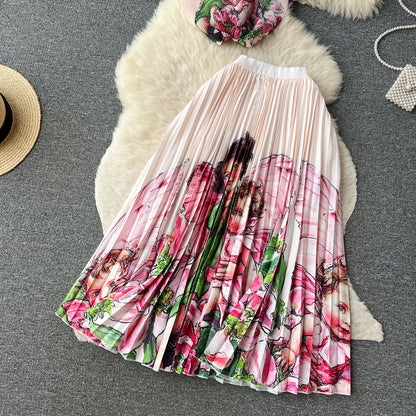 Printed Top&Pleated Skirt 2Pcs